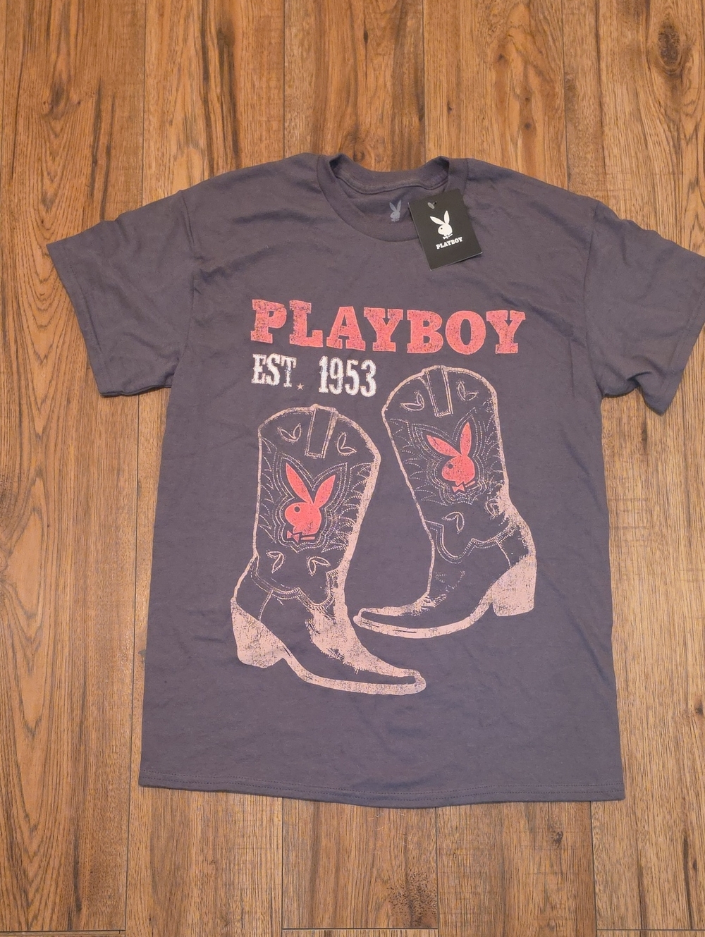 PLAYBOY Womens Graphic Tee in Charcoal with Pink Cowboy Boots